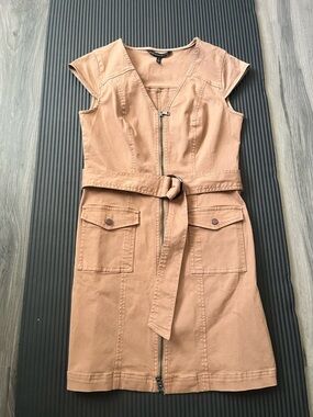 White House Black Market Tan Zip-Front Utility Mini Dress with Belt